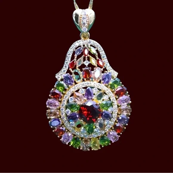 Multicolor Gemstone Pendant Necklace. - Picture 1 of 6